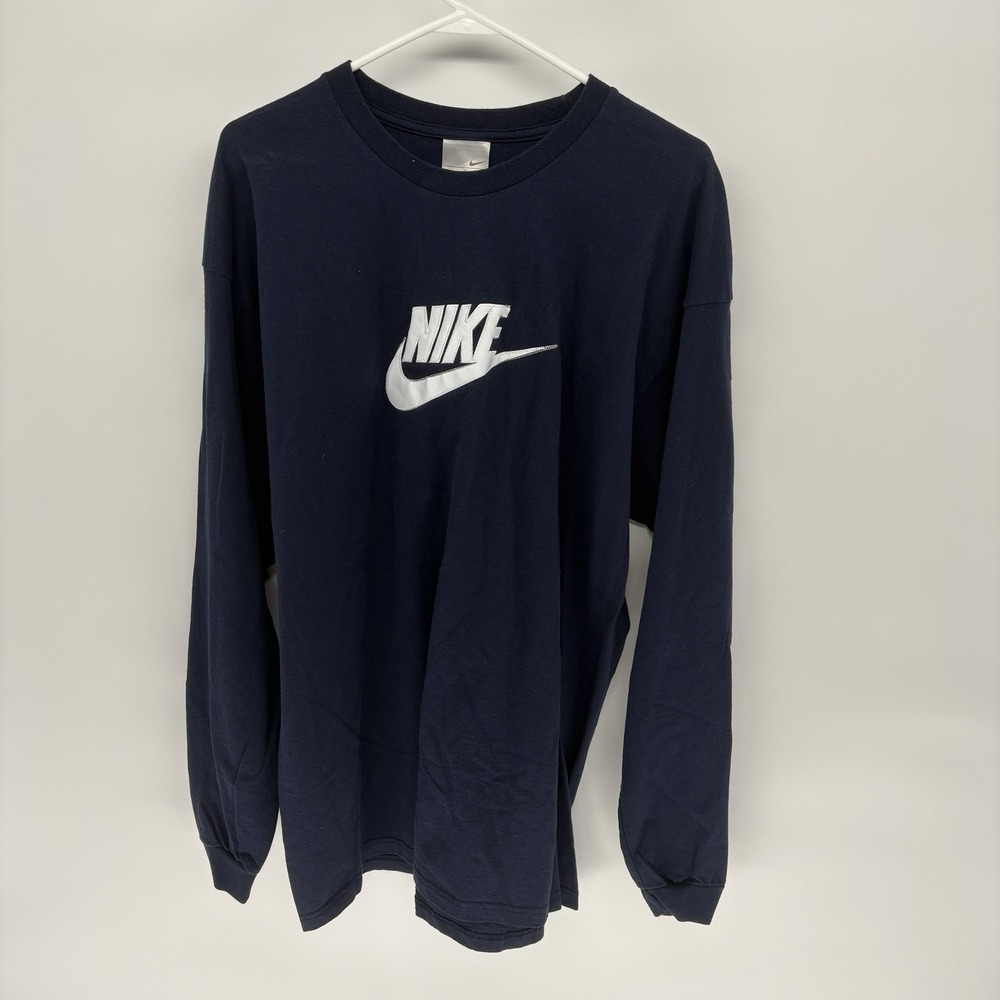 Vintage Nike Blue Long Sleeve Shirt Puff Print Embossed Embroidery Men XL